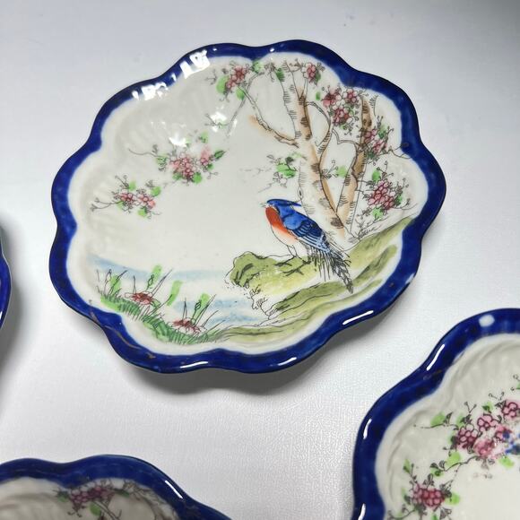 Vintage 20s Set 4 Seto Japanese Cobalt Blue Handpainted Bird Porcelain Dishes - Picture 3 of 11